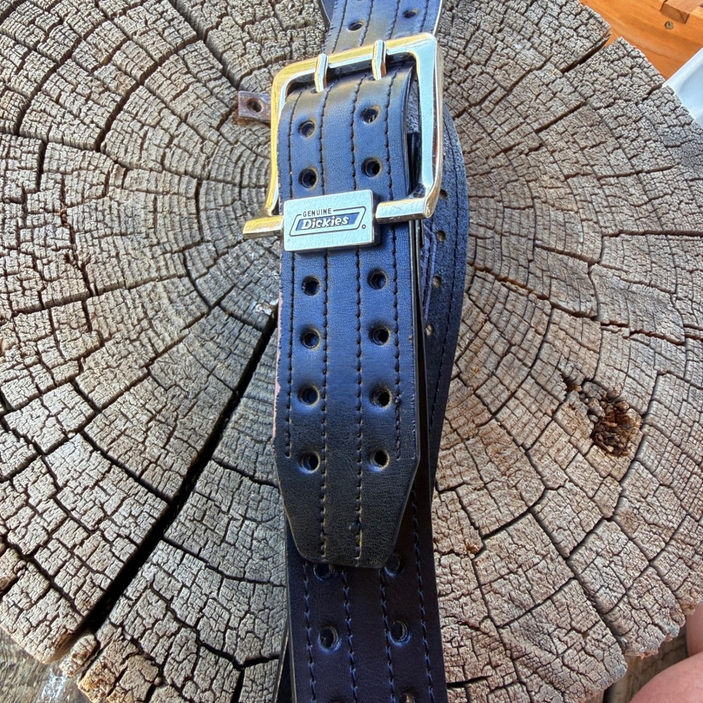 Y2K Dickies Genuine‎ Leather Black Perforated Belt Size 40 Silver Buckle